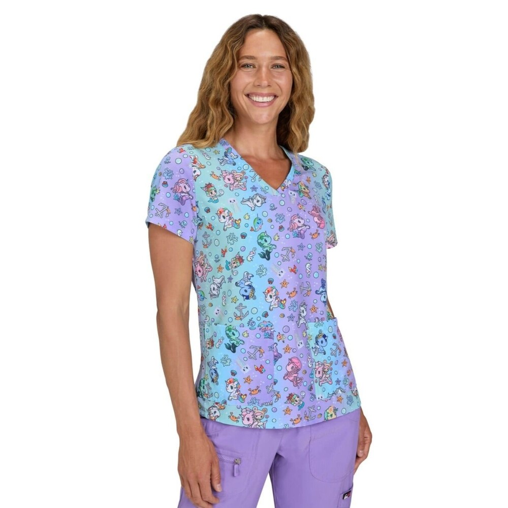 KOI Tokidoki Blowing Bubbles Scrub Top Womens XL Mermaid Ocean Kawaii Nurse